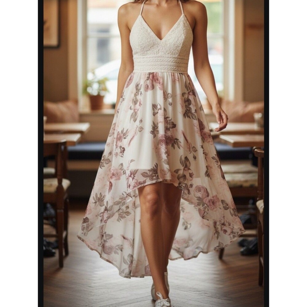 J for Justify Floral Crochet High-Low Maxi Boho Romantic Dress Large